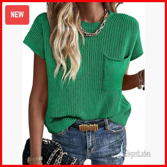 Sweaters - Short Sleeve Ribbed Knit Sweater Vest Crew Neck Pullover Top
